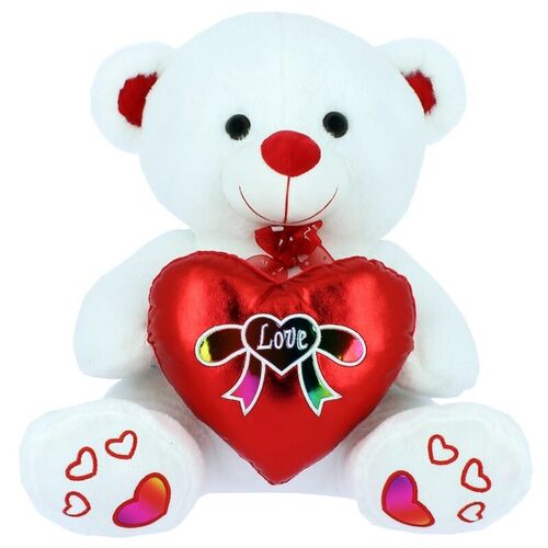 White Bear Hearts with Glitter and Bows 18CM